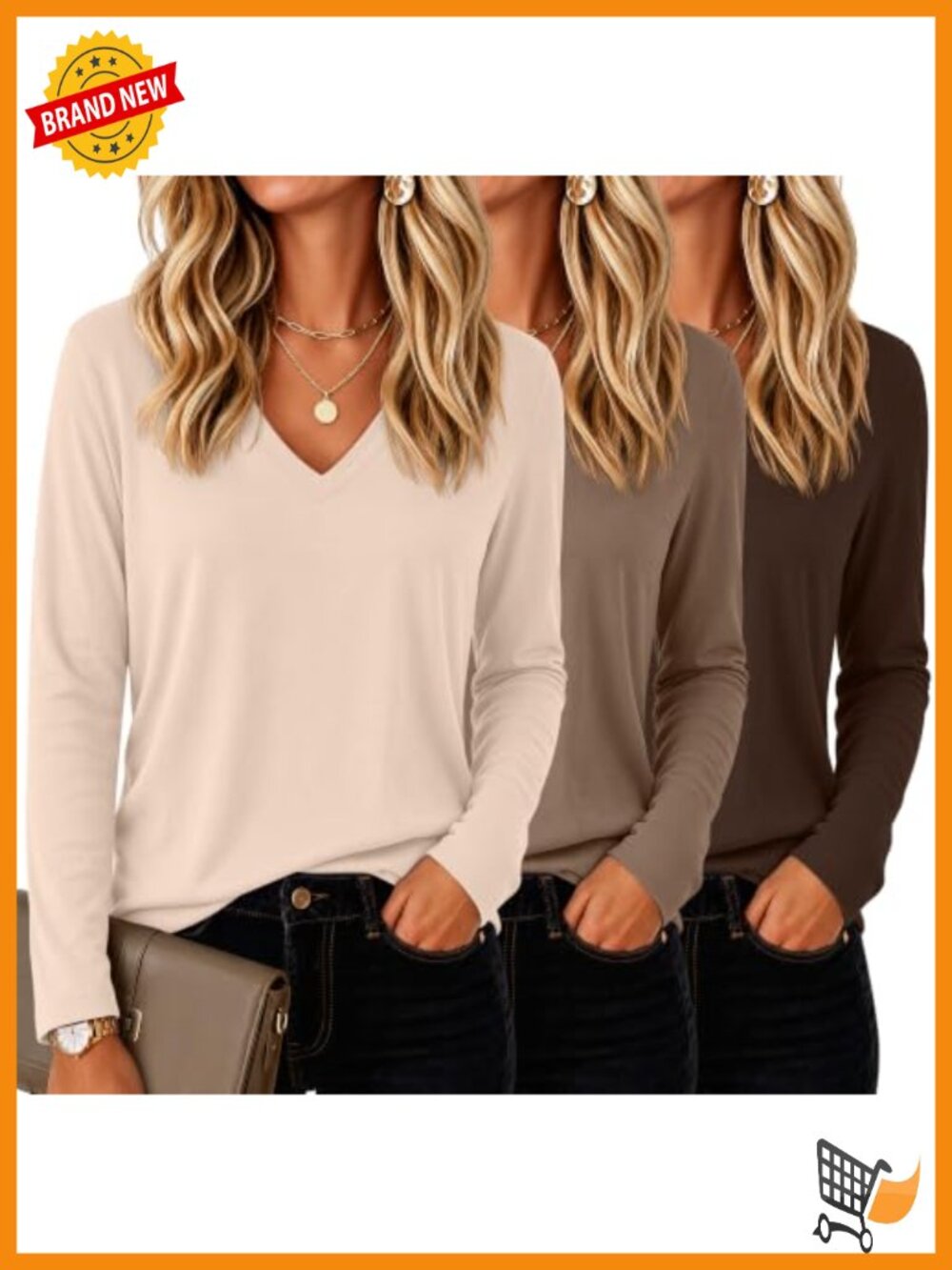 Womens V Neck Long Sleeve T-Shirts Loose Fit 3 Pack Casual Tops